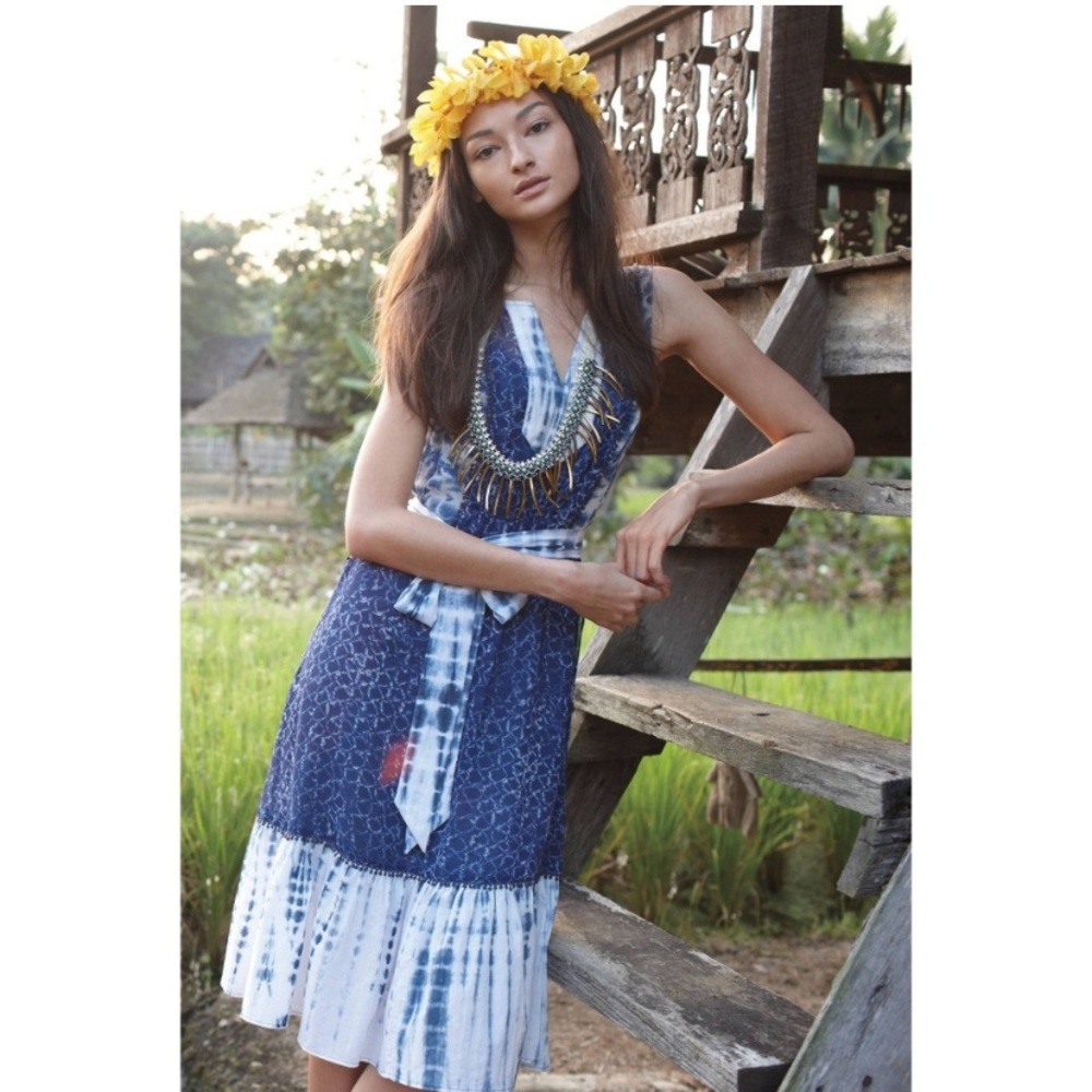 Anthropologie Meadow Rue Shibori tie dye blue Patchwork Dress size 10
